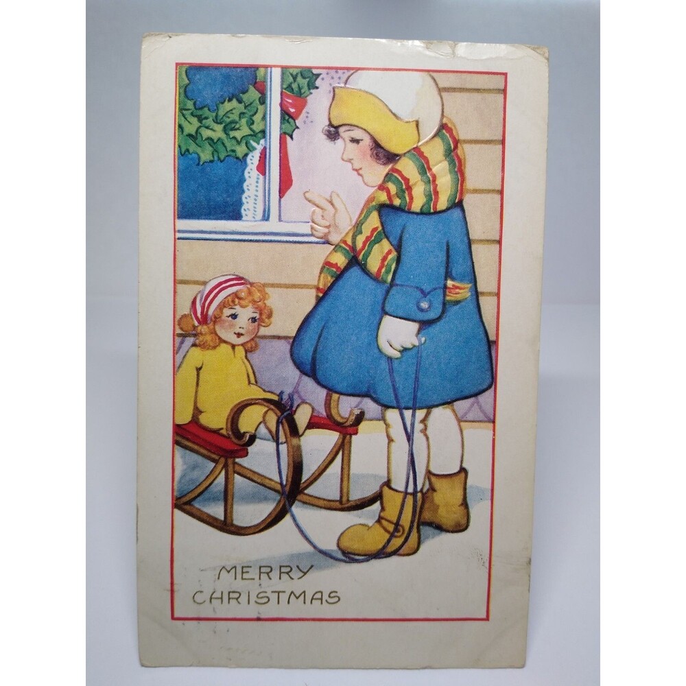 Christmas Postcard Whitney Child With Doll On Sled Embossed Madison SQ Station